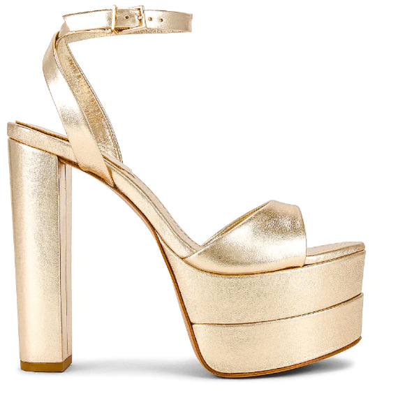 Schutz Gold Metallic Platform Sandal Size 9.5 Kaila Heels Disco Chunky High NEW - Picture 1 of 11